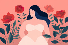 Generative AI Illustration Of Minimalist Plus Size Woman Wearing Bra Putting Hands Behind Back Near Red Roses Against Pink Background