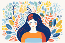 Generative AI Illustration Of Minimalist Woman With Colorful Hair And Closed Eyes Standing Near Bright Leaves Against White Background