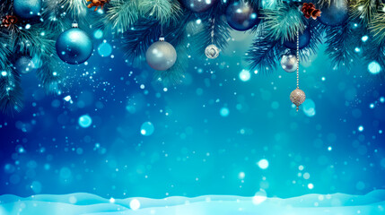 Wall Mural - Christmas tree with ornaments hanging from it's branches on blue background.