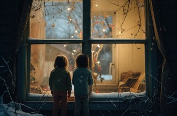 Poster - Two children looking out a window at a christmas tree. AI