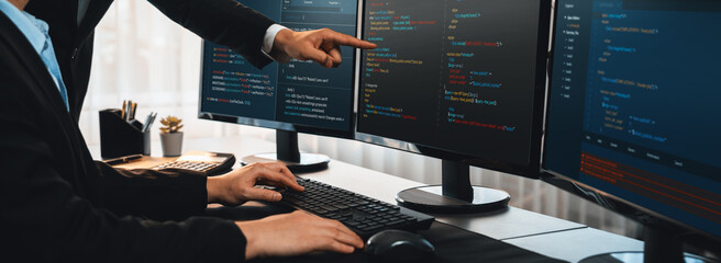 Wall Mural - software development team working together in office, coding script display on computer monitor. pro