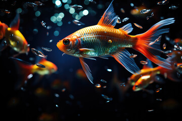 Swarm of Neon Tetra Paracheirodon innesi freshwater fish isolated