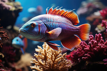 Wall Mural - Tropical sea underwater fishes on coral reef. Aquarium oceanarium wildlife colorful marine panorama landscape nature snorkeling diving