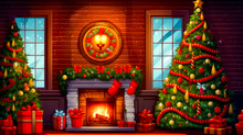 Living Room With Christmas Tree And Fire Place In The Fireplace.