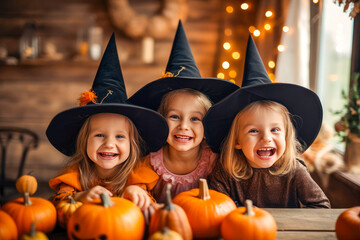 Happy young girls at a halloween pumpkin party, dressed as witches