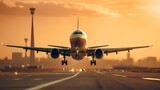 Fototapeta  - A large passenger jet takes off down an airport runway at sunset