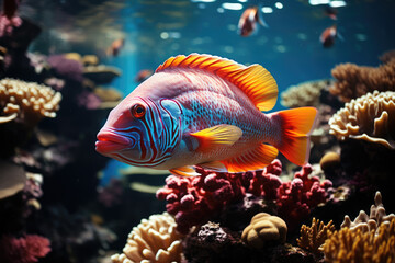  Tropical sea underwater fishes on coral reef. Aquarium oceanarium wildlife colorful marine panorama landscape nature snorkeling diving 