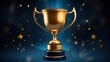 © Qulu - Champion Golden Trophy with Gold Stars on Blue Dark Background