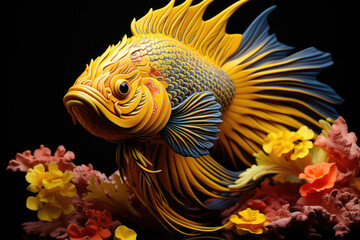 Wall Mural - Yellow fish on a black background