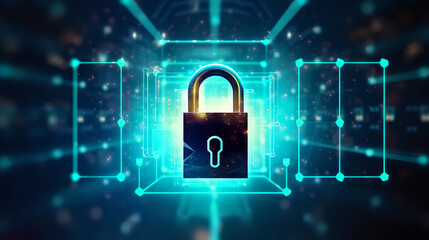 padlock symbolizing cybersecurity against the background visualization of links in data algorithms, information field on a dark background