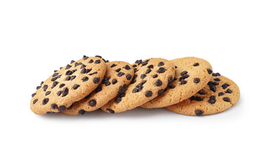 Tasty cookies with chocolate chips on white background