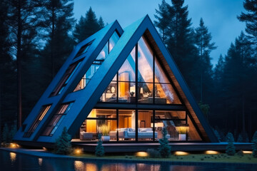 Wall Mural - Modern residential suburban building A-frame architecture, a luminous triangular house with large windows at evening or night