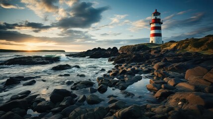 tall lighthouse at the north sea under a cloudy sky