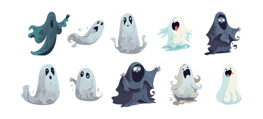 Halloween ghost set flat cartoon isolated on white background. Vector isolated illustration