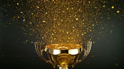super slow motion. champion golden trophy with exploding gold glitters and stars against black backg