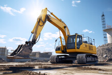 Big Yellow Excavator On Construction Site Or Builder Machine.generative Ai
