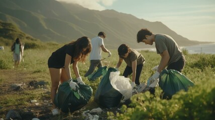 Group of people cleaning rubbish