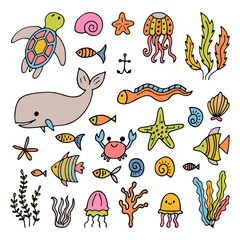 Wall Mural - Set of sea animals in hand drawn style. Ocean life. Underwater, under the sea, marine