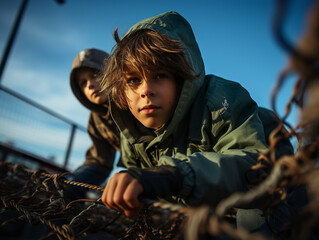 Canvas Print - Two boys playing and climbing a fence in an industrial area. Portrait of boys jumping fence under sunlight in bright colors. Adventurous childhood spirit.