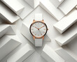 © Ivan - Beautiful luxury women's gold watch with a white dial and white strap on a background of geometric figures, top view.generative ai