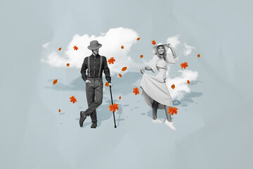 Wall Mural - Collage picture of two elegant black white colors people hold stick dancing flying fallen maple leaves isolated on paper grey background