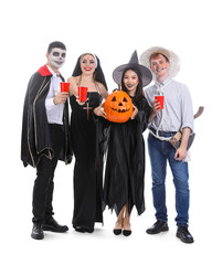 Sticker - Group of friends in costumes for Halloween party with drinks on white background