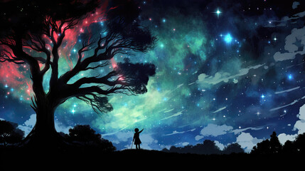 Wall Mural - Silhouette of a boy standing under a tree and looking at the milky way