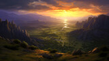 Fototapeta Do pokoju - Fantasy planet. Mountain and lake at sunset