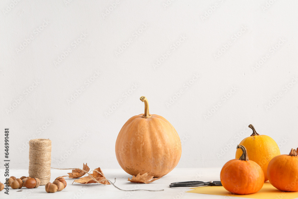 Raw pumpkins, acorns and threads for Halloween celebration on light background