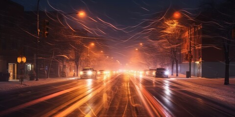 Wall Mural - city street at night after snow