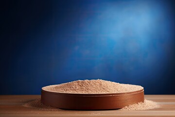 blue podium close shot brown backg studio with flour