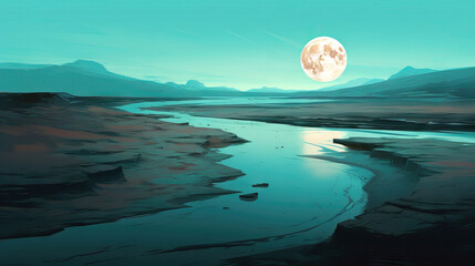 Wall Mural - Fantasy landscape. Mountain and river at night. 3D illustration