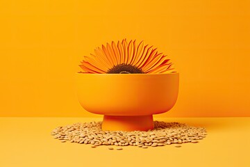 orange podium close shot yellow backg studio with sunflower seeds