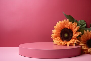 pink podium close shot iridescent backg studio with sunflower