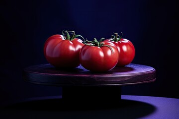 purple podium close shot black backg studio with tomatoes