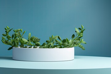 white podium close shot blue backg studio with green bean