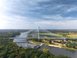 Aerial view of the cable-stayed Rędziński bridge (Most Rędziński) over Oder river in Pilczyce, Wrocław, Poland