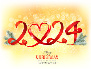 Wall Mural - Merry Christmas and Happy New Year. Yellow Glowing background with numbers 2024 and heart made of red ribbon and Christmas tree branches. Vector