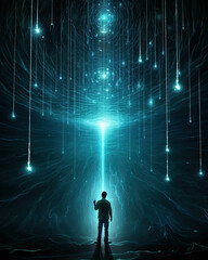 Man standing under the rain of information connected to data clouds