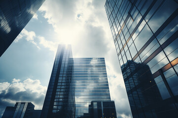 Wall Mural - Reflective skyscrapers, business office buildings. Low angle photography of glass curtain wall details of high-rise buildings.The window glass reflects the blue sky and white clouds. High quality