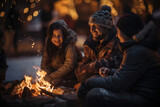A family gathers around a cozy bonfire after a day of ice skating, enjoying warmth and camaraderie during a winter leisure activity. Generative Ai.