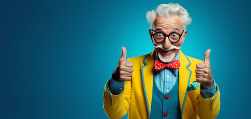 An excited happy grandfather with a big smile, fun and original style, wearing colorful clothes, thumbs up for a good deal or idea. Active lifestyle concept for seniors: Sunset of life in colors