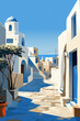 Duotone basic pop art vintage style travel poster of the Greek island of Mykonos.