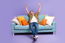 Photo Of Positive Glad Man Wear Stylish Clothes Raise Arm Hands Up Good Mood Break Office Lounge Zone Isolated On Purple Color Background
