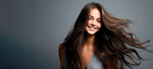 young beautiful woman with long hair posing in front of the camera