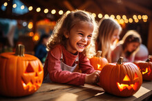 A Family Carving Pumpkins Together, Creating Spooky Jack-o'-lanterns. Generative Ai.