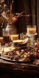 Fototapeta Dziecięca - Fall Wedding Decor: Traditional Wooden Tablescape with Brown Plate, Glasses and Delicious Dessert