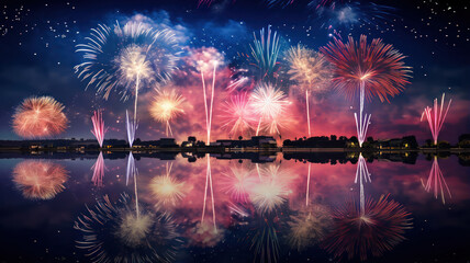 Wall Mural - Stunning Firework Display Reflected on a Tranquil Lake