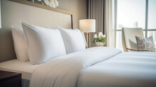 Plush Pillows And Crisp Linen Showcased In A Close-up Shot Of A King-size Hotel Bed