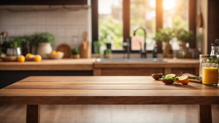 Wooden texture table top on blurred kitchen window background. For product display or design key visual layout. For showcase or montage your items or foods. Product display mock up